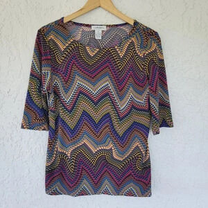Carmen Marc Valvo Printed Blouse WomensSize M 3/4 Sleeve Multicolor Stretchy Top